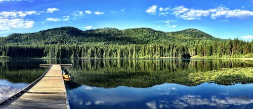 A serene lake surrounded by lush forests and mountains, with a wooden dock extending into the calm water.