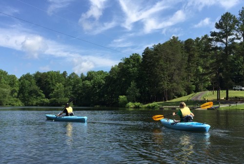 Two people in yellow life jackets kayak on a calm lake surrounded by lush green trees and a clear blue sky.