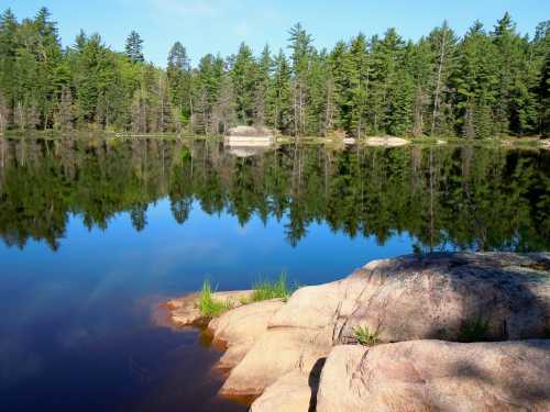 A serene lake surrounded by lush green trees, with smooth rocks in the foreground and a clear blue sky reflected in the water.