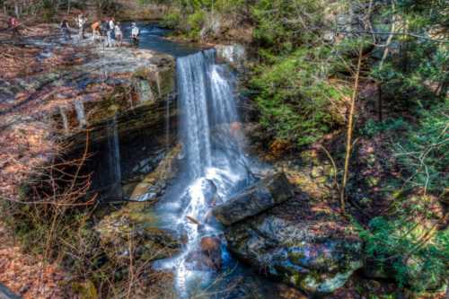 A serene waterfall cascades over rocks, surrounded by lush greenery and people exploring the area nearby.