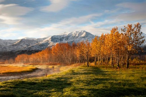 A serene landscape featuring autumn trees, a misty river, and snow-capped mountains under a clear sky.