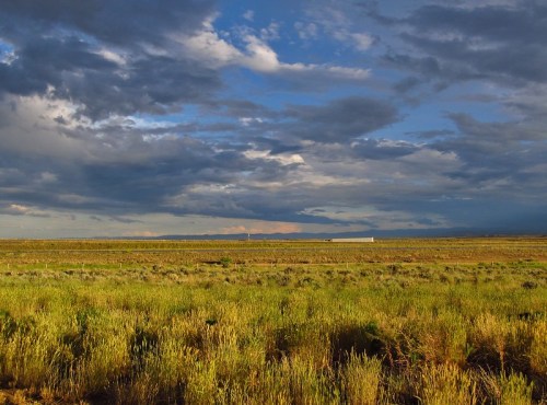 A vast landscape of green grass under a dramatic sky filled with clouds, with distant mountains on the horizon.
