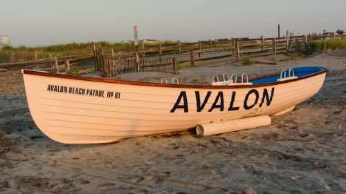 A wooden lifeguard boat on the beach, labeled "Avalon Beach Patrol No. 61," with sand and grass in the background.