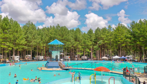 A sunny outdoor pool area surrounded by trees, with people swimming and a lifeguard tower in the background.