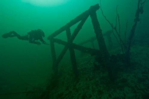 A diver explores a submerged structure in murky water, surrounded by aquatic vegetation and debris.