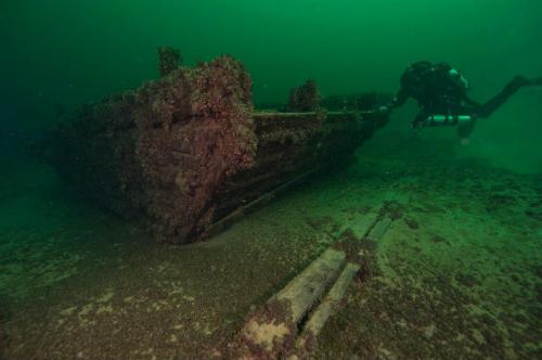 A diver explores a submerged shipwreck covered in marine growth, surrounded by greenish water.