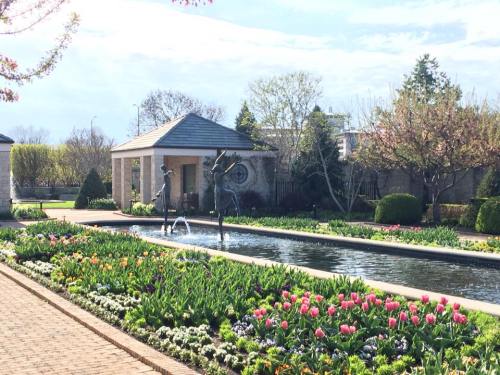 A serene garden with a reflecting pool, colorful flowers, and sculptures surrounded by lush greenery and trees.