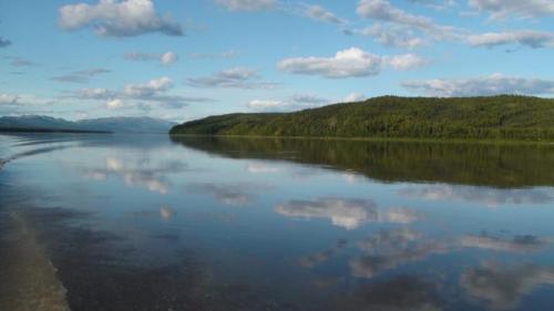 A serene landscape featuring a calm river reflecting clouds and greenery under a blue sky.