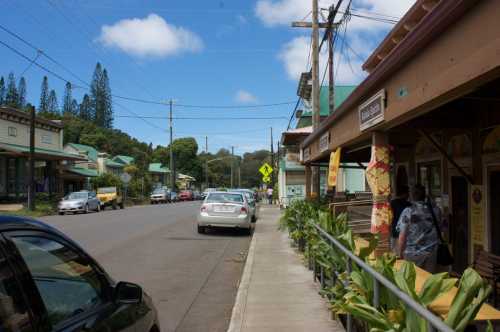 A quiet street scene with shops, parked cars, and trees under a blue sky with scattered clouds.