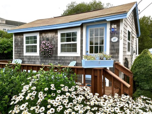 A charming cottage with a wooden deck, blue trim, and flower boxes, surrounded by blooming daisies.