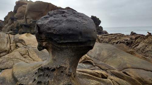 A unique rock formation resembling a head, set against a coastal landscape with gray skies and ocean in the background.