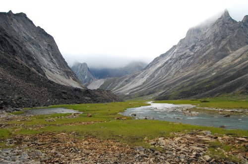 A serene valley surrounded by towering mountains, with a winding river and lush green grass under a cloudy sky.