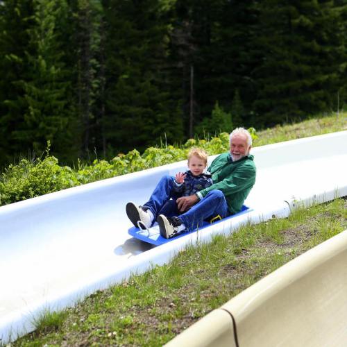 A child and an older man joyfully sledding down a smooth, white slide surrounded by green trees.