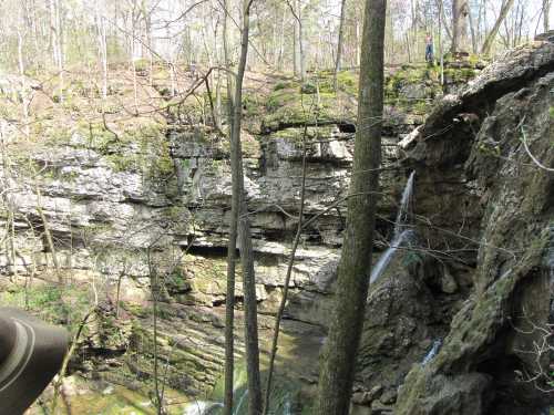 A serene waterfall cascades down rocky cliffs, surrounded by trees in a lush forest setting.