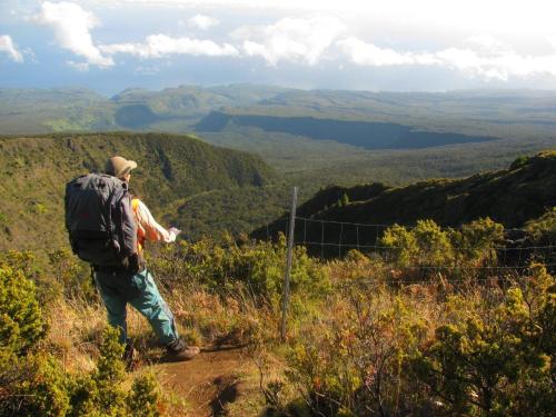 A hiker with a backpack stands on a trail, overlooking a lush valley and distant mountains under a cloudy sky.