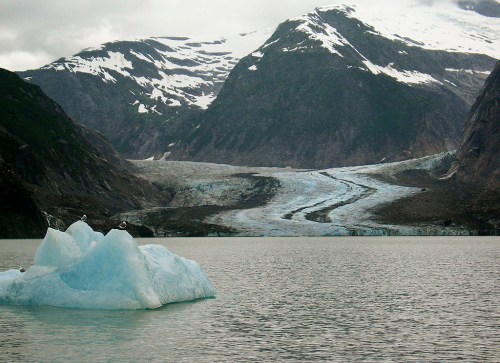 A serene landscape featuring a glacier, snow-capped mountains, and an iceberg floating in calm waters.