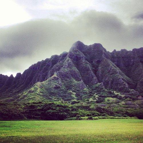 Lush green mountains under a cloudy sky, with a grassy foreground and rugged peaks in the background.