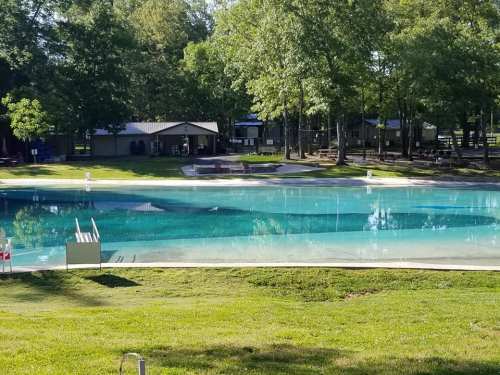 A serene outdoor pool surrounded by trees and a grassy area, with a small building in the background.