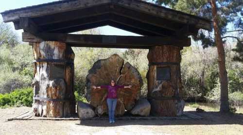 A person stands with arms outstretched in front of a large wooden structure made of tree trunks and a circular wood slab.