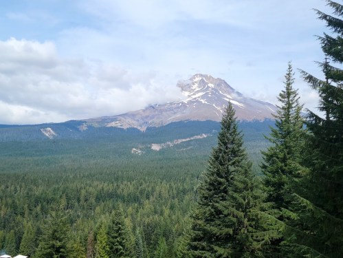 A scenic view of a snow-capped mountain surrounded by dense green forests under a partly cloudy sky.