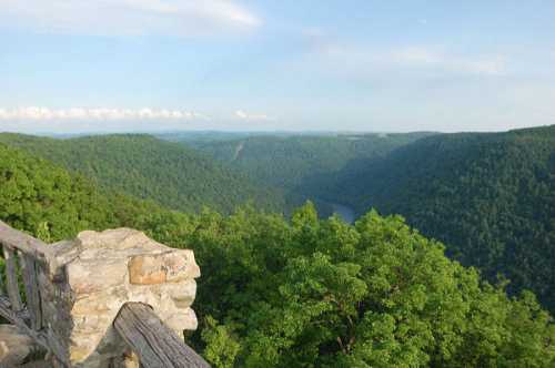 A scenic view of a lush green valley with a river, framed by trees and a stone railing in the foreground.