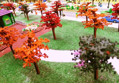 Colorful miniature trees in autumn hues surround a winding path in a vibrant model landscape.