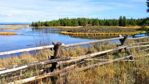 A serene landscape featuring a wooden fence, a calm river, and lush greenery under a clear blue sky.