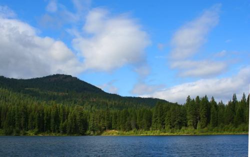 A serene landscape featuring a calm lake, lush green forests, and a mountain under a partly cloudy blue sky.