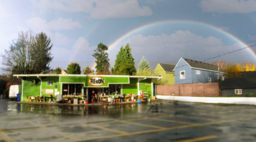 A colorful store with a rainbow overhead, surrounded by trees and houses, on a rainy day.