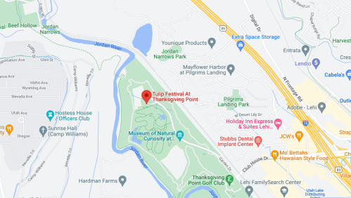 Map showing the location of the Tulip Festival at Thanksgiving Point, near Jordan Narrows Park and various local landmarks.