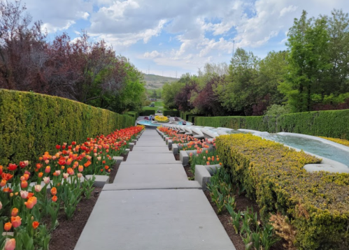 A serene garden path lined with colorful tulips and lush greenery, leading to a water feature under a cloudy sky.