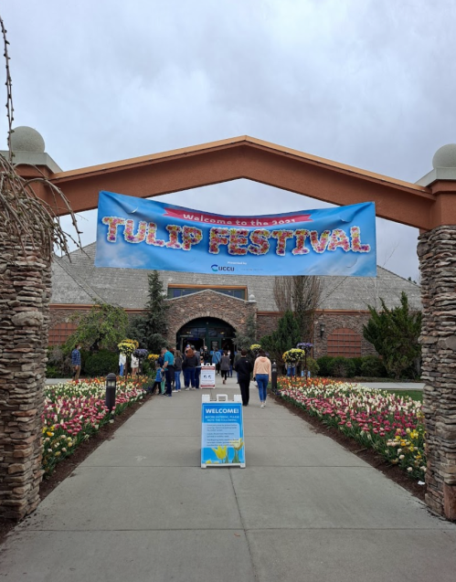 A banner reading "Welcome to the Tulip Festival" hangs over an entrance, with visitors walking towards a flower-filled garden.