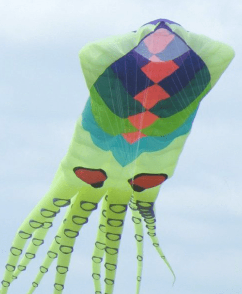 A colorful kite shaped like a jellyfish, soaring against a cloudy sky.
