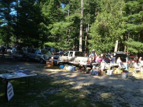 A bustling outdoor flea market with vendors, vehicles, and shoppers among tall trees and scattered tables.