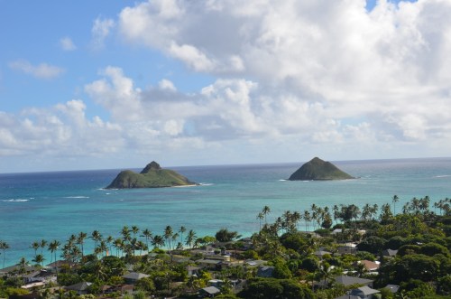 A scenic view of two small islands in a turquoise ocean, surrounded by lush greenery and palm trees under a partly cloudy sky.