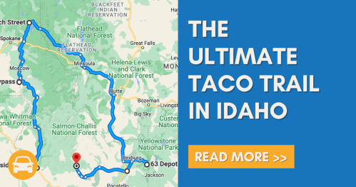 Map highlighting the Ultimate Taco Trail in Idaho, with a route marked in blue and a call to action to read more.