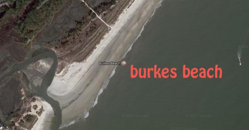 Aerial view of Burkes Beach, featuring sandy shores and surrounding greenery. Text overlay reads "Burkes Beach."