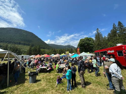A lively outdoor festival with crowds, colorful tents, and food trucks set against a backdrop of mountains and blue sky.
