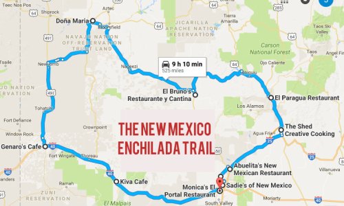 Map of the New Mexico Enchilada Trail, highlighting various restaurants and a route of 525 miles.