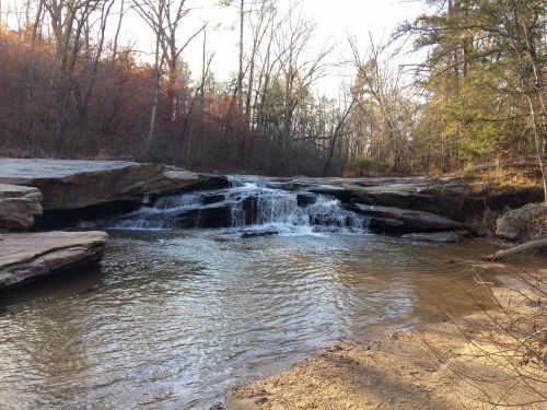 A serene creek flows over rocky ledges, surrounded by trees and autumn foliage.