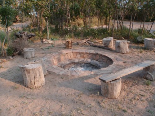 A circular stone fire pit surrounded by wooden stumps and a bench, set in a natural outdoor area with trees.