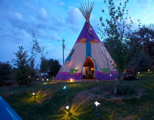 A colorful teepee stands in a grassy area, surrounded by trees and illuminated by soft garden lights at dusk.