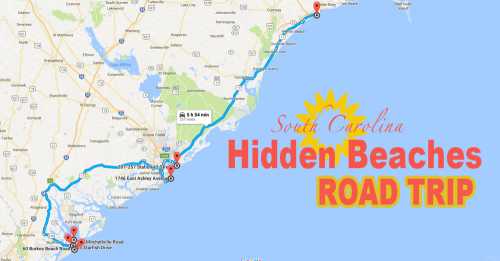 Map of South Carolina highlighting a road trip route to hidden beaches, with key locations marked along the coast.