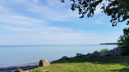 A serene lakeside view with calm water, green grass, and a clear blue sky dotted with soft clouds.