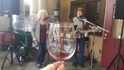 A hand holds a wine glass in front of a couple performing music at a winery, with equipment in the background.