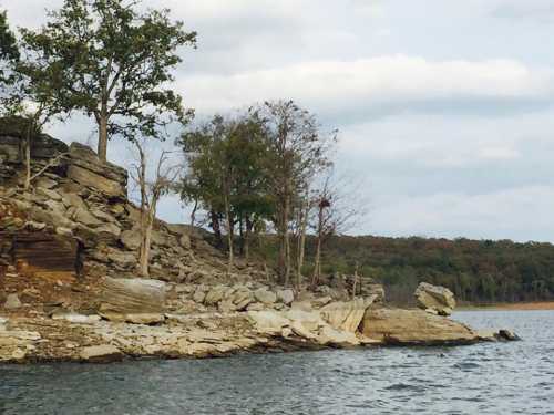 A rocky shoreline with sparse trees and calm water under a cloudy sky.