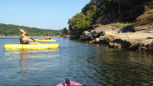Two people kayaking in a calm river, surrounded by lush greenery and rocky shores under a clear blue sky.