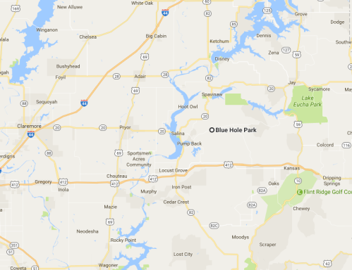 Map showing the location of Blue Hole Park, surrounded by roads and water bodies in a rural area.