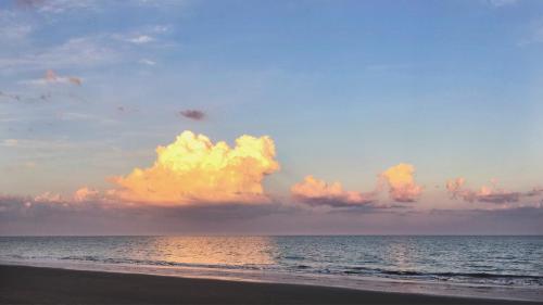 A serene beach scene at sunset, featuring soft clouds reflecting warm colors over calm waters.