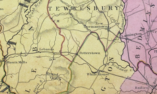 A vintage map showing Tewkesbury, New Germantown, and surrounding areas with roads and town names labeled.